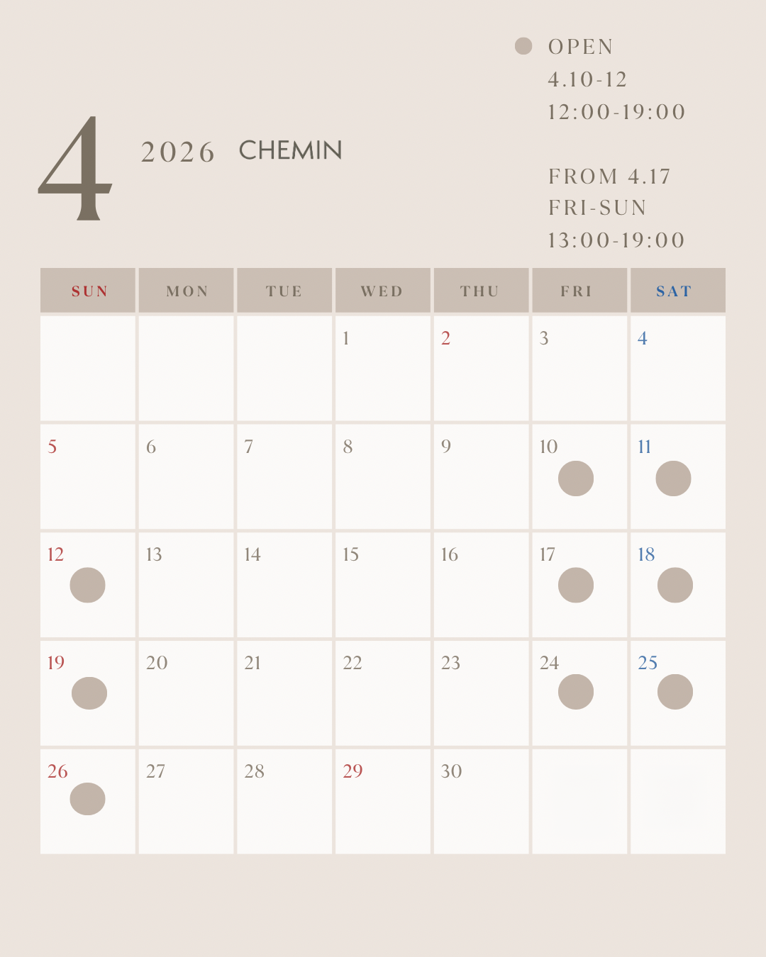 CHEMIN下北沢営業日カレンダー